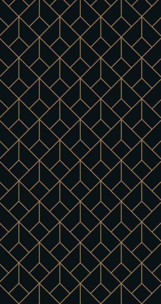 A geometric pattern with gold lines on a black background.