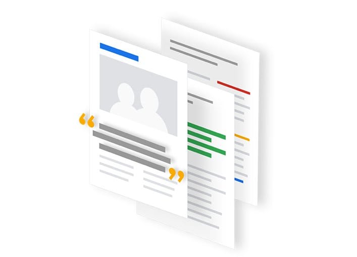 Several documents stacked with different formatting and color highlights. The front document has a placeholder image of two figures and text with quotation marks.