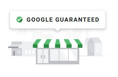 Illustration of a storefront with a green and white striped awning, overlaid by a speech bubble stating "Google Guaranteed" with a green checkmark.