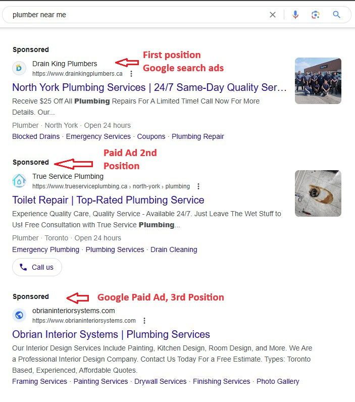 Search results for "plumber near me" showing sponsored ads in the first three positions: Drain King Plumbers, True Service Plumbing, and O'Brian Interior Systems. Each ad lists services and contact info.