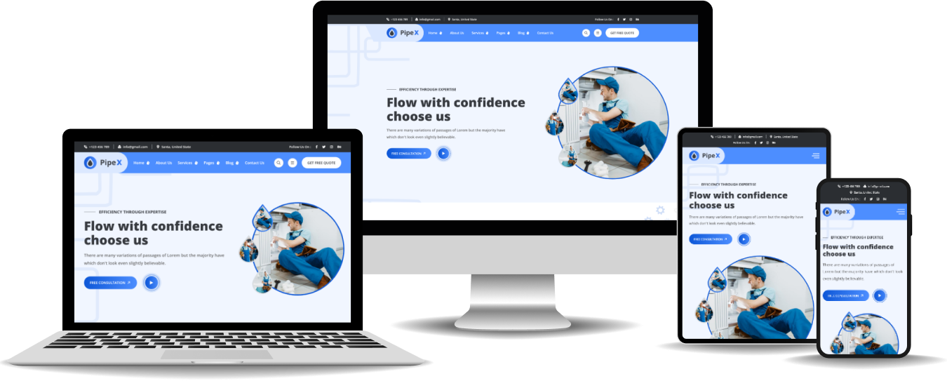 A responsive website is displayed on various devices: a laptop, desktop computer, tablet, and smartphone. The screen shows the homepage with the text "Flow with confidence, choose us" and an image of a worker.